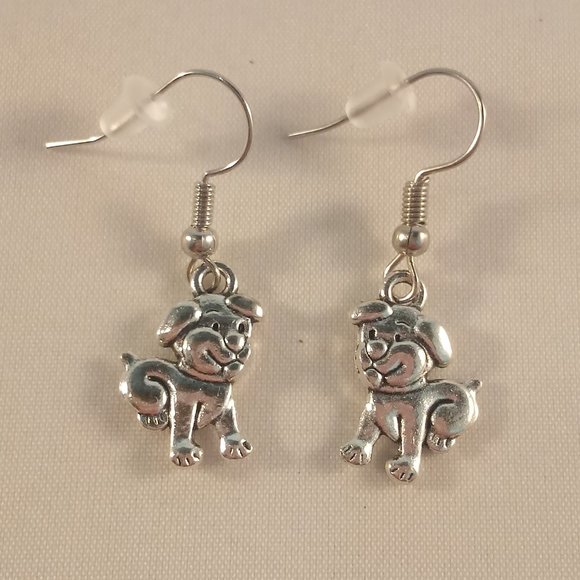 Silver Puppy Dog Earrings Hypoallergenic Hooks - Picture 2 of 2